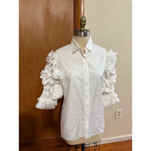 Women's Ralph Lauren Collection White Ruffle Sleeve Button Down Shirt Size 12